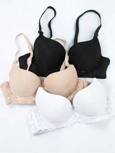 Set de 3 piezas de Brasier Copa A liso con encaje y tirantes ajustables, colores diversos, ligeros, cómodos y de calidad premium.