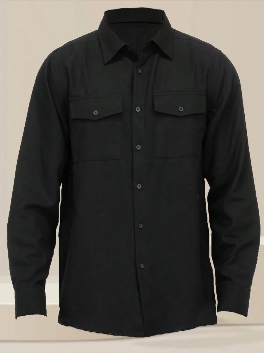 Men's Woven Plaid Flannel Long Sleeve Brushed Casual Fitted Normal Shacket - 黑色 - 查看 1