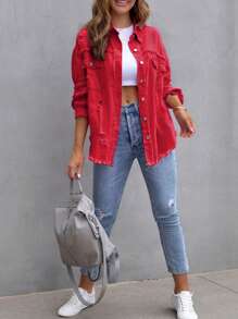 Women's Jeans Coat Ripped Distressed Denim Jacket Long Sleeve Button Down Boyfriend Jeans Coat Trucker Jacket - Red - View 9