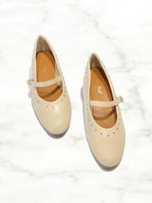 RevReaL Women's Light Color Round Toe Rivet Flats - Classic Mary Jane Shoes (Silver Buckle Decor) Valentines - Beige - View 2