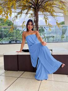 Long Dune Fabric Jumpsuit - Baby Blue - View 3