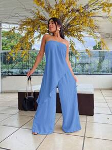 Long Dune Fabric Jumpsuit - Baby Blue - View 1