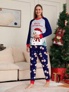 1 Set Women's Christmas Happy Colorblock Raglan Sleeve Snowman Print Long Sleeve Top And All-Over Print Pants Pajama Set, Fall Winter Clothes - Multicolor - View 5