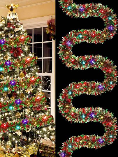 2 件/1 件圣诞红绿金属丝花环圣诞树装饰圣诞金属扭曲花环天花板悬挂装饰，金属丝扭曲，适用于新年派对生日节日室内外用品，家居壁炉架圣诞树楼梯栏杆，节日迪斯科派对装饰。圣诞树派对用品（不带灯）