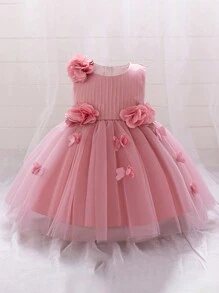 Baby Girls Solid Color Mesh & Satin Sleeveless Floral Decor Elegant  Flower Girl Dress For Wedding Party