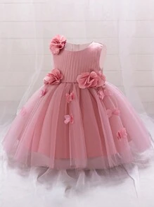 Baby Girls Solid Color Mesh & Satin Sleeveless Floral Decor Elegant  Flower Girl Dress For Wedding Party