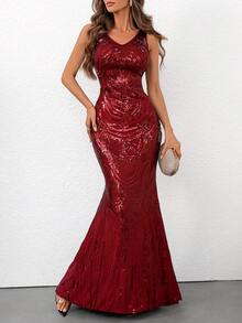 Women's Elegant V-Neck Mermaid Sleeveless Beaded Formal Evening Party Gown Dress For Wedding, Banquet - Burgundy - View 4