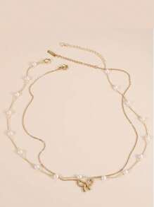 2 件金色仿珍珠项链和蝴蝶结项链多层项链女士金色蝴蝶结项链简约情人节 - 彩色 - 查看 4