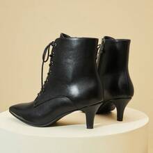 Women's Black Kitten Heels Ankle Boots Pointed Toe Boots High Heeled Lace Up Short Boots Side Zipper Booties For Dress Party - black-2 - View 7