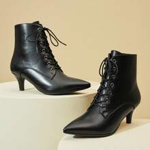 Women's Black Kitten Heels Ankle Boots Pointed Toe Boots High Heeled Lace Up Short Boots Side Zipper Booties For Dress Party - black-2 - View 6
