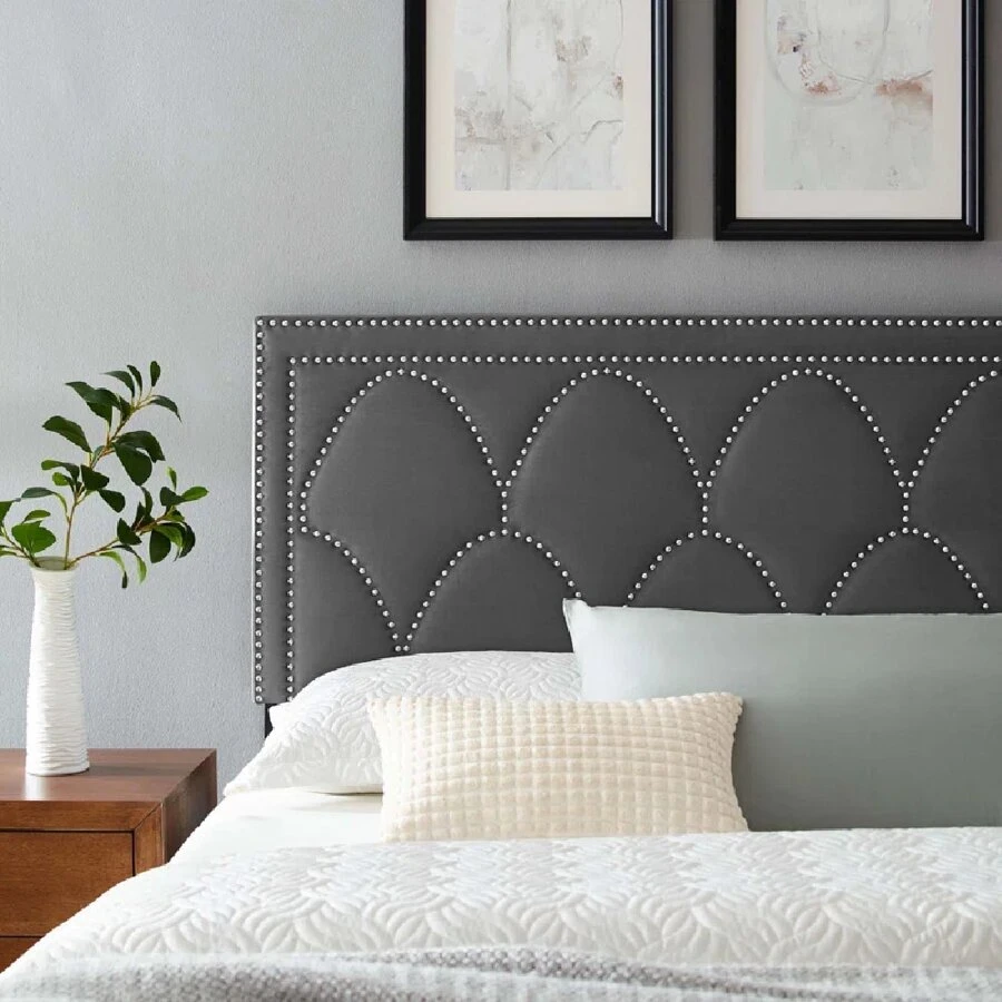 Headboard For Bed Upholstered In Italian Velvet, With Stud Decoration - Dark Grey - View 1