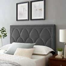Headboard For Bed Upholstered In Italian Velvet, With  Stud Decoration - Dark Grey - View 2