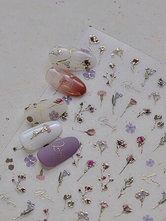 5D Gold Line Dry Flowers Nail Art Stickers Shiny Glitter Autumn Leaves Nail Decals Floral Adhesive Manicure Decor
