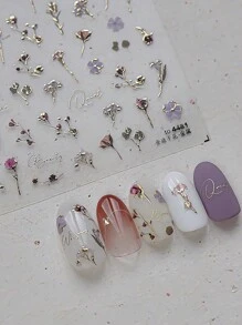 5D金线干花美甲贴纸闪亮秋叶美甲贴花花卉美甲装饰美甲用品 - 彩色 - 查看 3