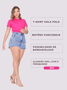 Polo Neck Blouse With Short Sleeves And Functional Buttons For Women - Pink - View 7
