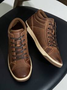 SHOESMALL Men's Leather Sneakers High Top Fashion Casual Shoes Dress Sneakers Boots For Men - AMY5106A-深棕色 - 查看 1