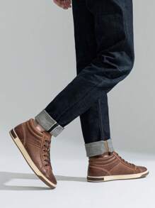 SHOESMALL Men's Leather Sneakers High Top Fashion Casual Shoes Dress Sneakers Boots For Men - AMY5106A-深棕色 - 查看 5