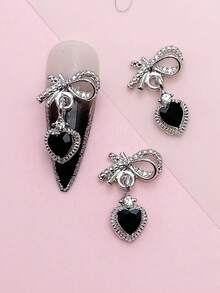 10 phụ kiện trang trí móng tay bằng kim loại hình trái tim và nơ, màu bạc, đính đá giả, kích thước nhỏ cho móng tay - Bạc - Xem 8