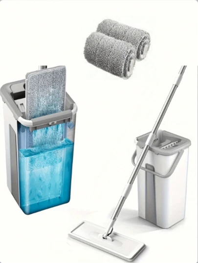 1 Set, Flat Floor Mop Bucket Set With 2 Microfiber Mop Pads, Easy Self-Wringing Cleaning Mop Bucket Wet And Dry, For Cleaning Laminate Hardwood Tile Floors White