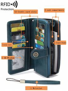 MIYIN 安全 RFID 屏蔽长钱包 - 大容量复古零钱包，带拉链和腕带 - 多卡槽长款手拿包卡夹，商务通勤现代便携式镂空复古风格双折长款钱包女士防盗刷折叠钱包腕带钱包，带多个卡槽和拉链口袋，送给她的礼物 - 水鴨藍 - 查看 3