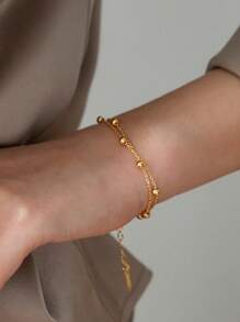 1pc Fashion Double-Layer Beaded Bracelet, Random Number Of Beads, Gold Color, Suitable For Daily Wear