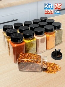 Kit 16 Large Spice Rack 220ml With Reinforced Double Dosing Lid For Coarse Salt, Spices, Seasonings, Organizes Kitchen Countertop Cabinet Table + Labels - 黑色 - 查看 1