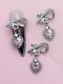 10 phụ kiện trang trí móng tay bằng kim loại hình trái tim và nơ, màu bạc, đính đá giả, kích thước nhỏ cho móng tay - Bạc - Xem 6