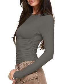 Womens Long Sleeve Shirts Ruched Basic Cute Crop Tops 2024 Going Out Outfits Slim Fitted Y2k Tops Tee - 黑色/深灰色 - 查看 3