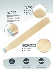 10片迷你胶带式接发，真人发丝，铂金色#60，14-22英寸，Remy真人发丝，双面隐形胶带 - S60 - 查看 4