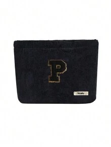 Túi cầm tay nhung kẻ, Túi đựng đồ trang điểm, Túi đựng đồ sọc đơn giản khi đi du lịch, Khăn đen thêu chữ A-Z, Ví đựng mỹ phẩm màu trơn, Túi đựng đồ trang điểm du lịch nhung kẻ dung tích lớn: Hoàn hảo cho việc làm đẹp khi di chuyển! Túi đựng đồ mỹ phẩm du lịch, Đơn giản và cao cấp, Đựng phụ kiện, Thích hợp để cất giữ trong ký túc xá, Du lịch, Đi công tác, Bơi lội, Đựng đồ tại nhà - màu đen - Xem 19