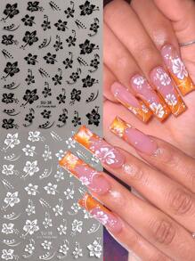 3D Hibiscus Flower Nail Stickers Tropical Cherry Blossom Petals Floral Design DIY Sticky Decal Nail Art Sliders Black White DIY Nail Art Supplies Nail Art Decoration 2Pcs Nails - Multicolor - View 2