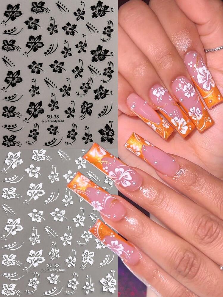 3D芙蓉花美甲贴纸 热带樱花花瓣花卉设计 DIY 粘性贴纸 美甲滑块 黑白 DIY 美甲用品 美甲装饰 2片装 - 彩色 - 查看 2