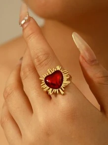 1pc Fashionable Creative Elegant Design Copper Inlaid Synthetic Asymmetric Teardrop Heart Ring, Suitable For Women, Sisters, Couples As Jewelry Gift, Also Suitable For Valentine's Day, Daily Gathering, Date, Party, Banquet, Wedding, Holiday, Summer Beach Vacation And Other Occasions, Red Accessory - Ring - View 22