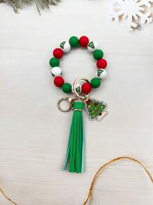 1pc Christmas Wooden Bead, Solid Color Silicone Bead, Tassel, Acrylic Santa Sock, Elderly, Bell, Snowman Charm Wristlet Keychain, Bag Pendant, Christmas Gift - Multicolor - View 9