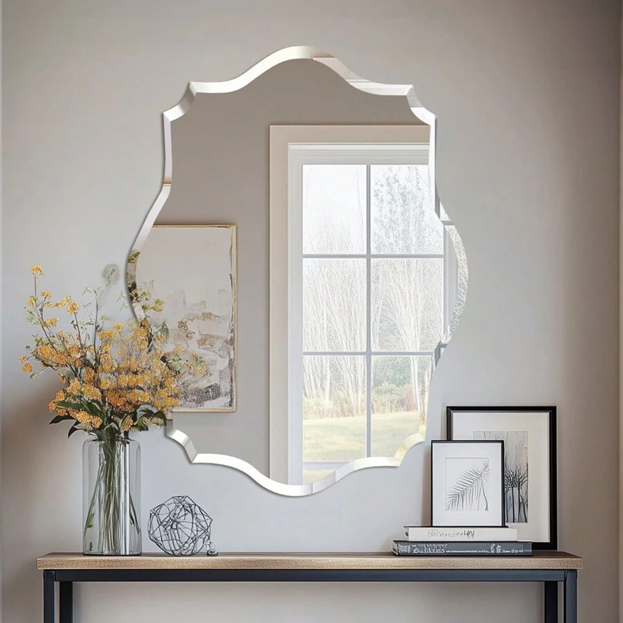 Frameless Scalloped Wall Mirror Decorative Mirrored Glass Vanity With Beveled Silver Edge For Bathroom Bedroom Livingroom Dining Room Entryway Hallway Home Decor Back To School Room Decor School Supplies - 銀色 - 查看 1