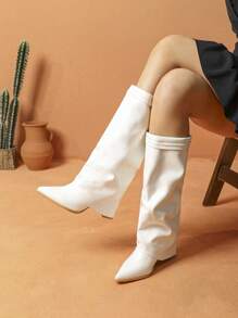 素食皮革过膝粗跟套脚靴 - 白色 - 查看 2