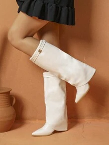 素食皮革过膝粗跟套脚靴 - 白色 - 查看 5