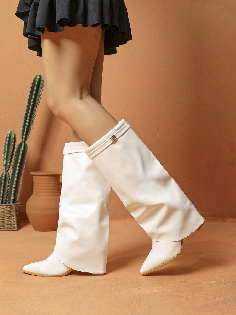 素食皮革过膝粗跟套脚靴 - 白色 - 查看 1