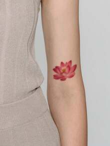1pc Washable Temporary Tattoo, Chinese Style Colorful Lotus Flower Design, Suitable For People, Waterproof And Sweat Proof For Daily Use - Multicolor - View 3