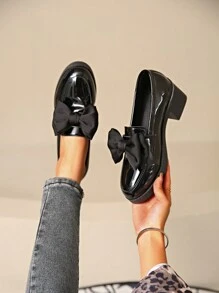 女士黑色蝴蝶结装饰高跟一脚蹬高跟鞋，粗跟休闲日常鞋，适合四季 - 黑色 - 查看 5