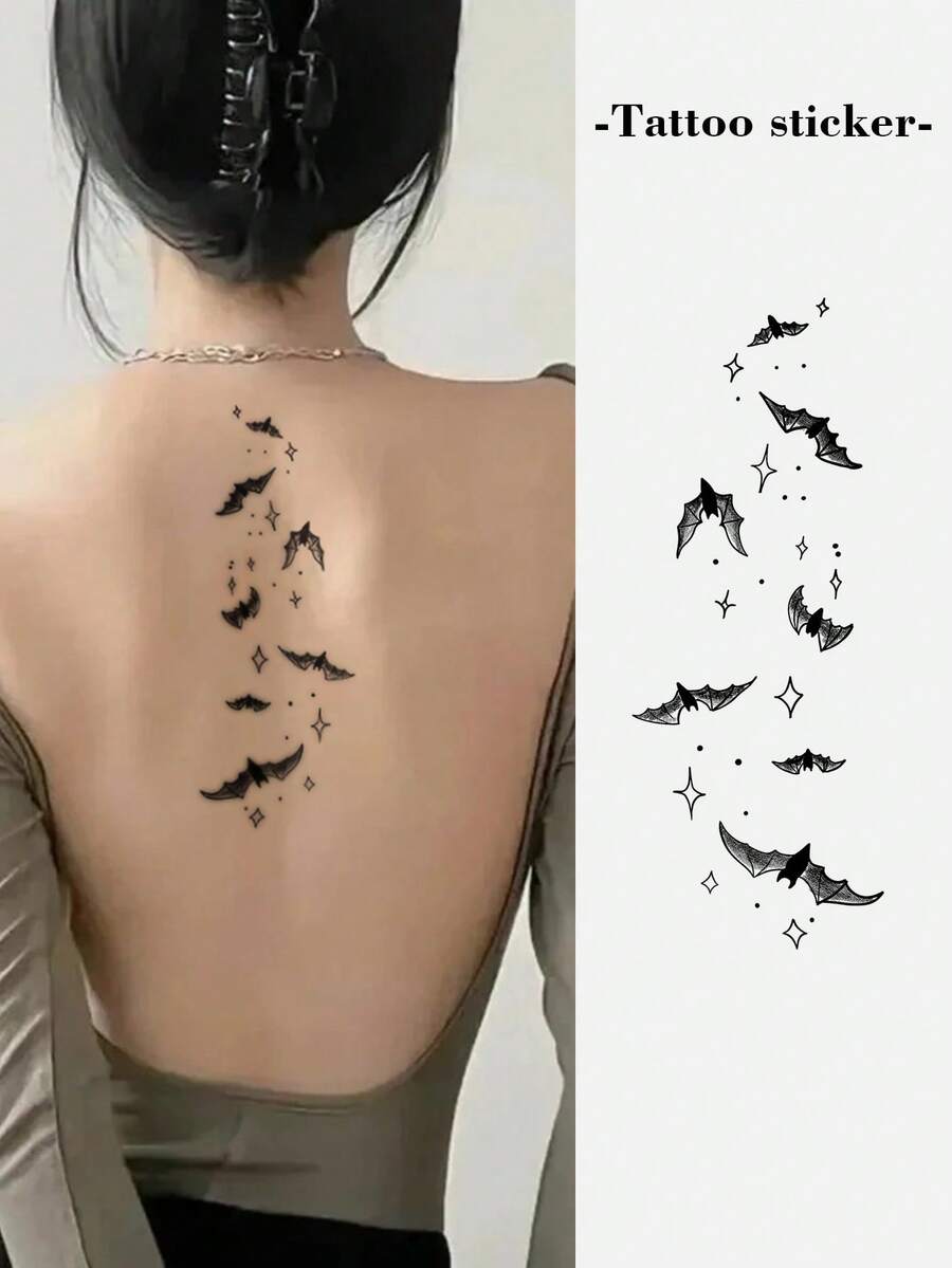 1 miếng dán hình xăm tạm thời hình ngôi sao và con dơi lâu trôi, thiết kế thời trang dành cho cả nam và nữ, chống thấm nước và mồ hôi, sử dụng một lần - màu đen - Xem 1