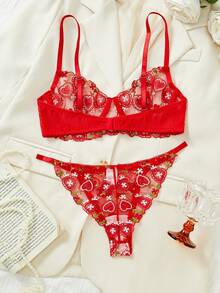 Nuevo conjunto de lencería sexy primavera/verano para mujer, sujetador de malla transparente con bordado de fresa y panty de talle bajo, estilo campestre dulce, ajustable, íntimo - Rojo - Ver 2