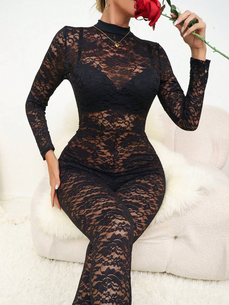 1pc Women Sexy Mesh Lace Jumpsuit Jumpsuit Long Sleeve Tights Romper