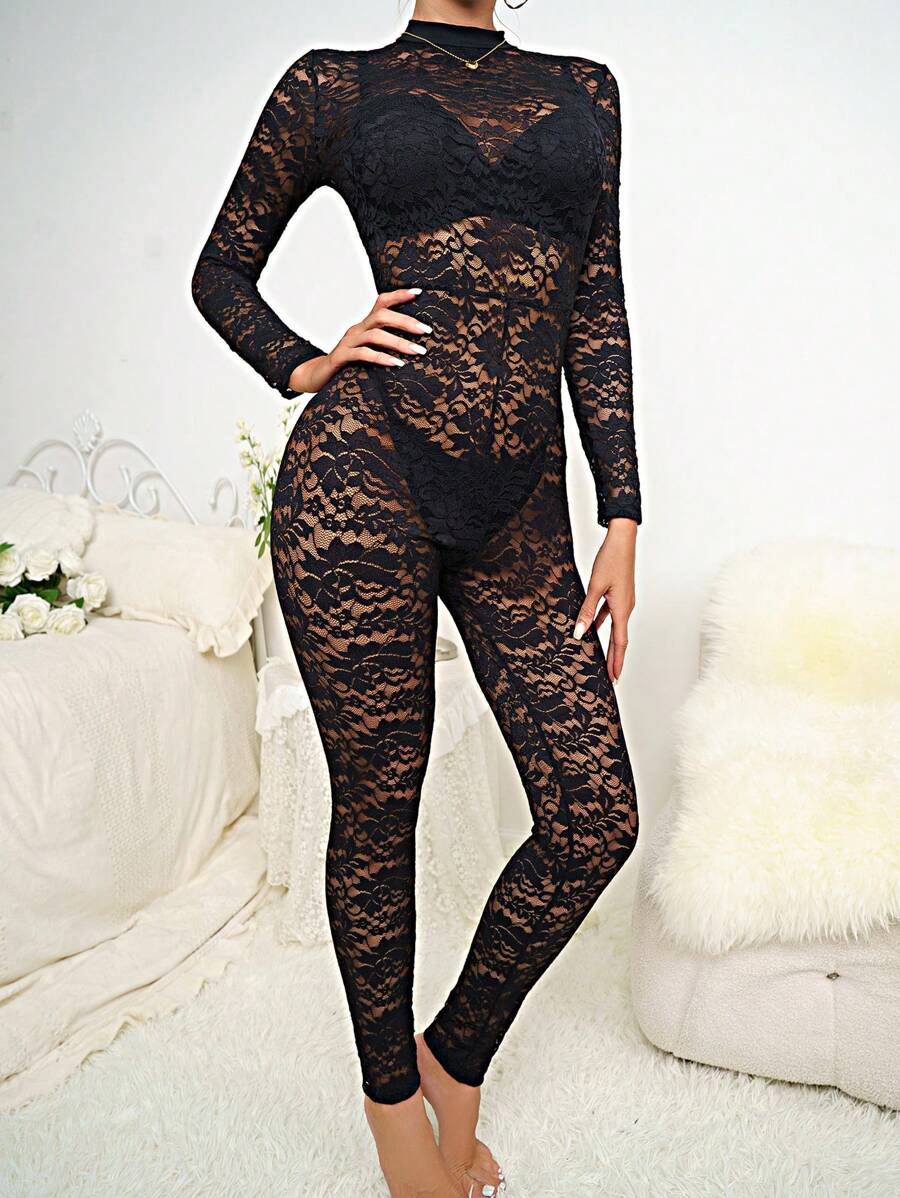 1pc Women Sexy Mesh Lace Jumpsuit Jumpsuit Long Sleeve Tights Romper