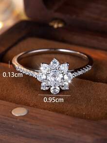Anillo de flor con diamante blanco de plata sterling, regalo para mujeres para citas, fiestas y cumpleaños - Plateado - Ver 3