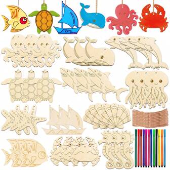 84 قطعة مجموعة مواد إبداعية للأطفال بموضوع حياة البحر، DIY خشبية للأطفال ، أنشطة حفلة عيد ميلاد الأطفال. تشمل 36 قطعة كتل خشبية ، 12 قطعة أقلام ملونة ، 36 قطعة حبال ، مناسبة لأعمال يدوية وهدايا إبداعية لعيد ميلاد الأطفال
