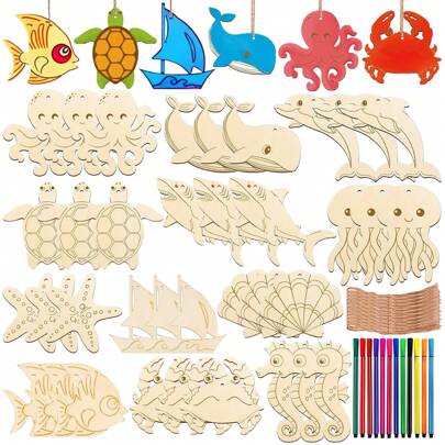 84 قطعة مجموعة مواد إبداعية للأطفال بموضوع حياة البحر، DIY خشبية للأطفال ، أنشطة حفلة عيد ميلاد الأطفال. تشمل 36 قطعة كتل خشبية ، 12 قطعة أقلام ملونة ، 36 قطعة حبال ، مناسبة لأعمال يدوية وهدايا إبداعية لعيد ميلاد الأطفال