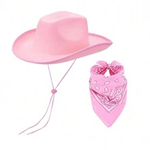 Adjustable Chin Strap Cowboy Hats Cowgirl Hat With Scarf For Women Girls Cowboy Costume Theme Party - 粉紅色 - 查看 1