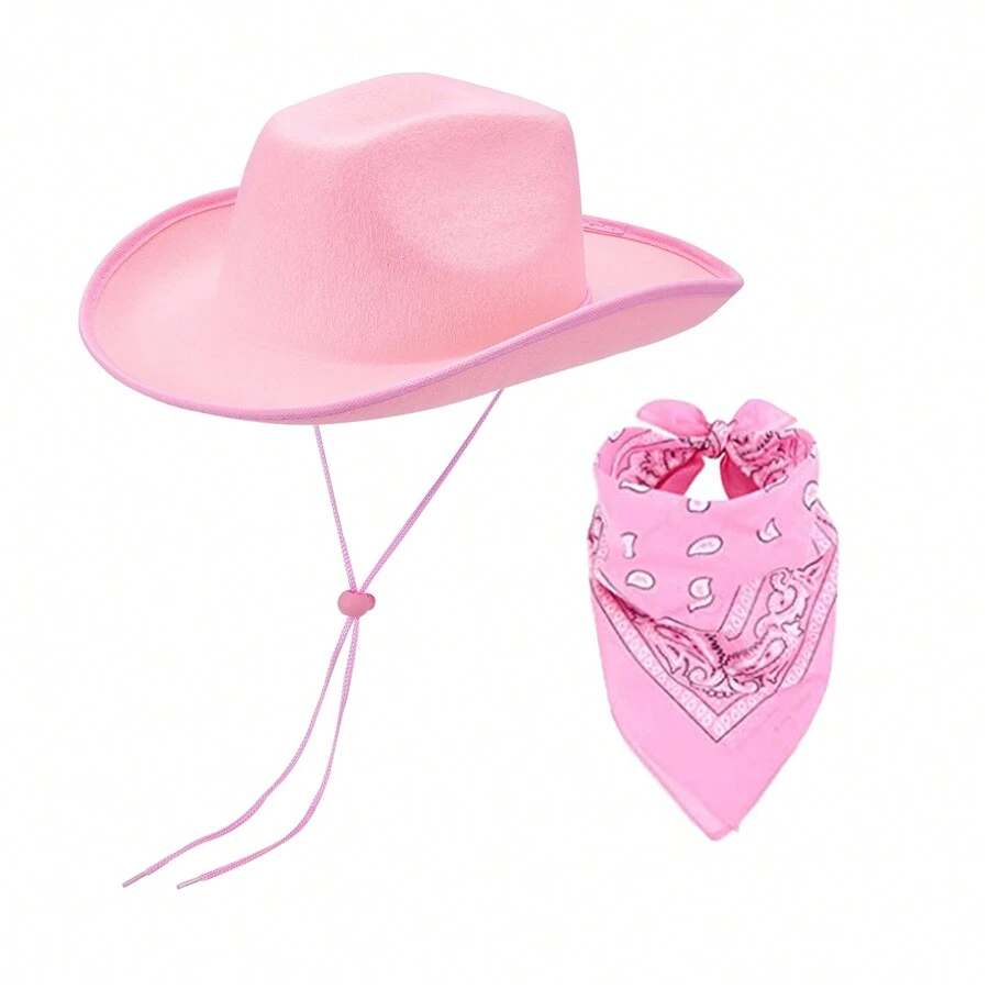 Adjustable Chin Strap Cowboy Hats Cowgirl Hat With Scarf For Women Girls Cowboy Costume Theme Party - 粉紅色 - 查看 1
