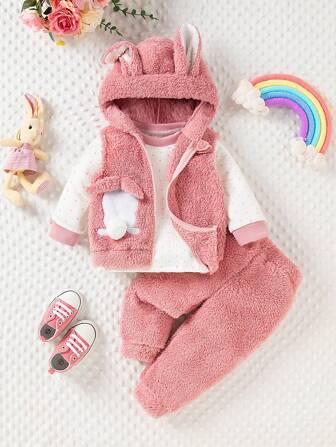 Set da 3 pezzi per neonata: gilet in pile caldo invernale con cappuccio con orecchie di coniglietto carino + top a maniche lunghe a pois + pantaloni in pile